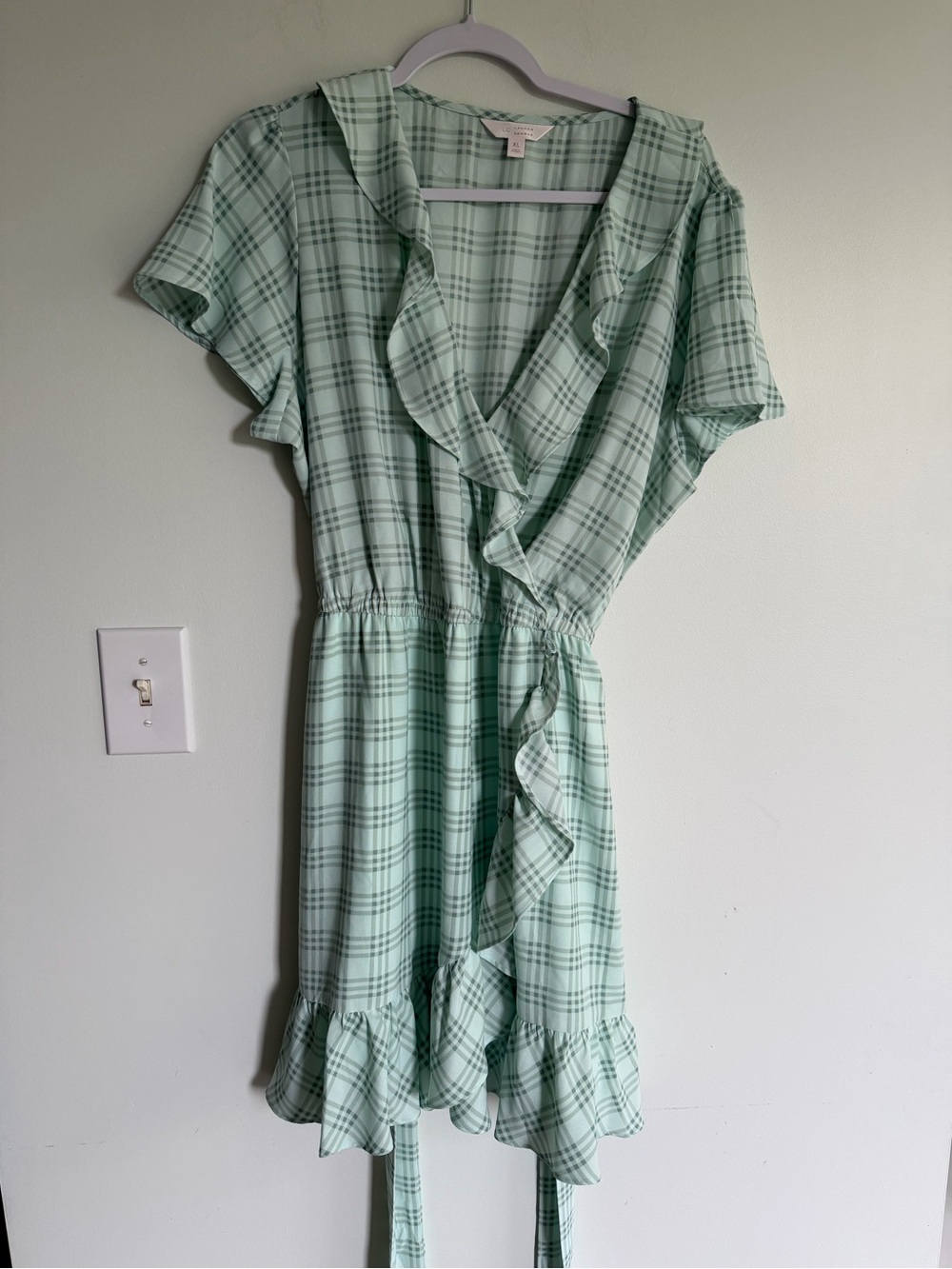 Lauren Conrad Women’s Mint Green Plaid Ruffle Faux Wrap Dress Event Chic Guest